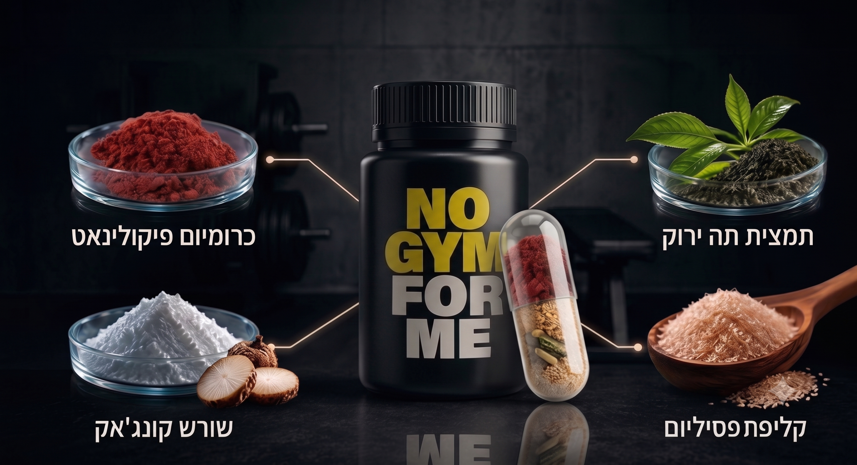 בקבוק NOGYMFORME וארבעת הרכיבים הטבעיים: כרומיום פיקולינאט, תמצית תה ירוק, שורש קונג'אק וקליפת פסיליום